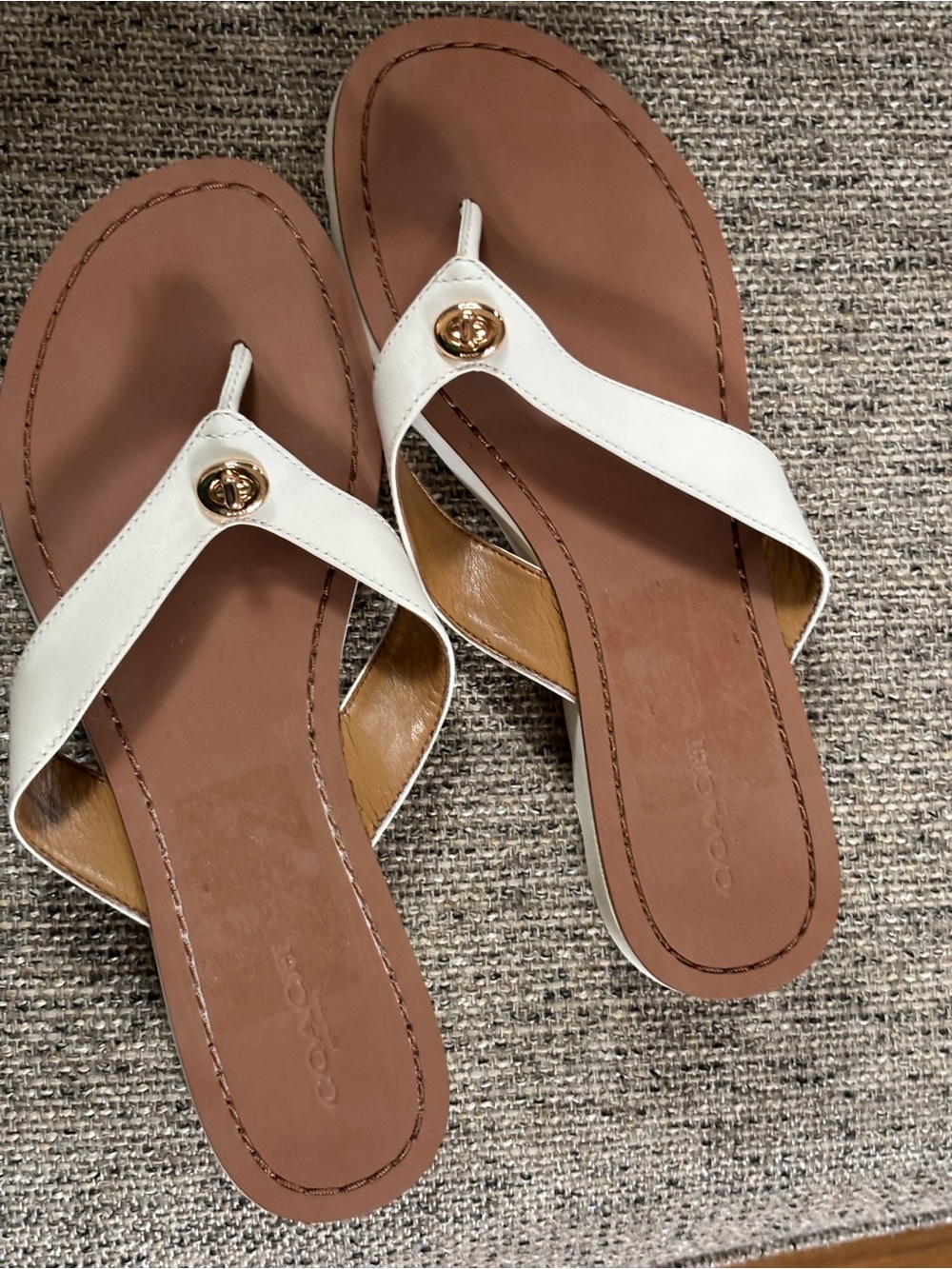 Coach White Leather Platform Thong Sandals with Brown Footbed - Picture 3 of 15